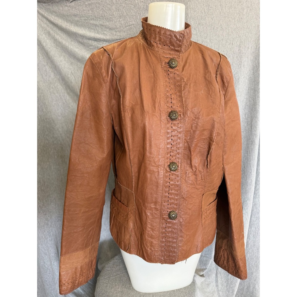 Wilsons Leather Jacket Cognac Brown Perforated Button Up Womens Large